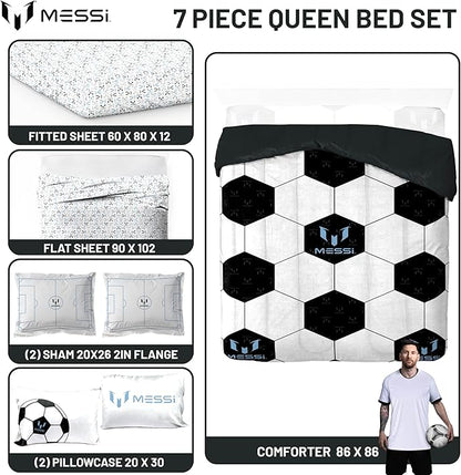 Jay Franco Kids Comforter Set Includes Sheets and Pillow Cover - Soft and Cozy Bed Set for Stylish Room Décor, White - Lionel Messi, 7 Piece Queen