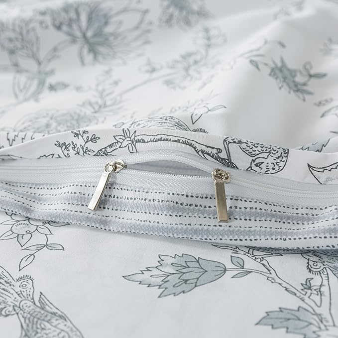 FADFAY Gray and White Duvet Cover Set Shabby White Floral Farmhouse Bedding Vintage Bird Peacock Quilt Cover Set 100% Cotton Comforter Cover with Hidden Zipper Closure 3Pcs, King/California King Size