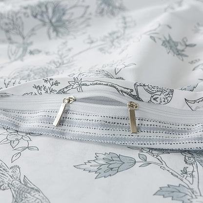 FADFAY Gray and White Duvet Cover Set Twin Shabby White Floral Bedding Vintage Bird Farmhouse Bedding Rustic Peacock Quilt Cover 100% Cotton Comforter Cover with Hidden Zipper Closure 3Pcs, Twin Size