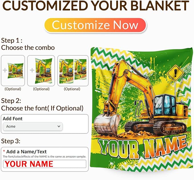 Boys Blanket Gifts Personalized Excavator Blankets for Kids Toddlers Boys - 30" x 40" Custom Name Cute Construction Car Themed Soft Lightweight Flannel Throws for Couch, Sofa, Bed, Office, Travel