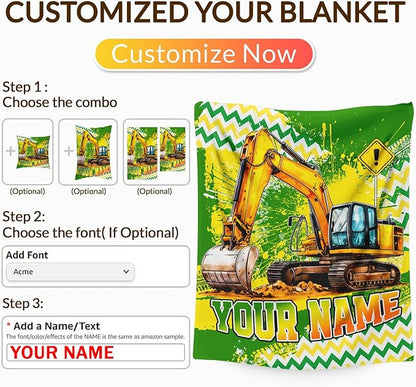 Boys Blanket Gifts Personalized Excavator Blankets for Kids Toddlers Boys - 30" x 40" Custom Name Cute Construction Car Themed Soft Lightweight Flannel Throws for Couch, Sofa, Bed, Office, Travel