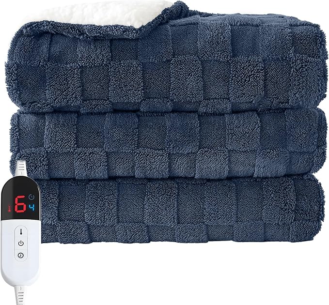 Electric Heated Throw Blanket - Jacquard Checkered Sherpa 50"x60" Fast Heating Bed Blankets with 6 Heating Levels & 4 Hours Auto Off, Over-Heat Protection ETL, Navy Blue
