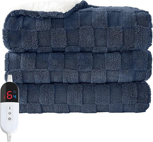 Electric Heated Throw Blanket - Jacquard Checkered Sherpa 50"x60" Fast Heating Bed Blankets with 6 Heating Levels & 4 Hours Auto Off, Over-Heat Protection ETL, Navy Blue