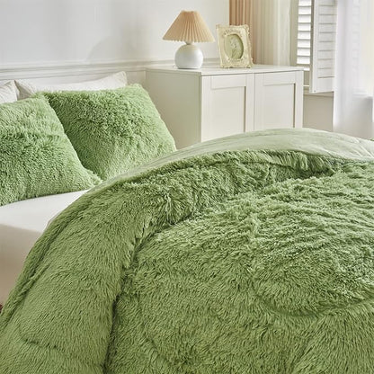 Wajade Faux Fur Plush Sage Green Comforter Set Fluffy Fuzzy Shaggy Bedding Set - 3PC Queen Size Microfiber Soft Warm Quilt Set