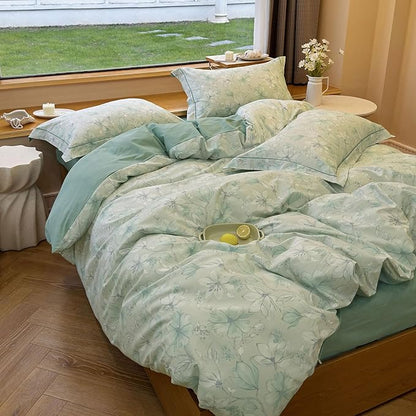 AOJIM Floral Printed Pattern Duvet Cover Set for Kids Adults, Soft 100% Cotton Comforter Cover Set 3pcs, 1 Aesthetic Green Quilt Cover King Size and 2 Matching Pillowcases for Room Decor, No Quilt