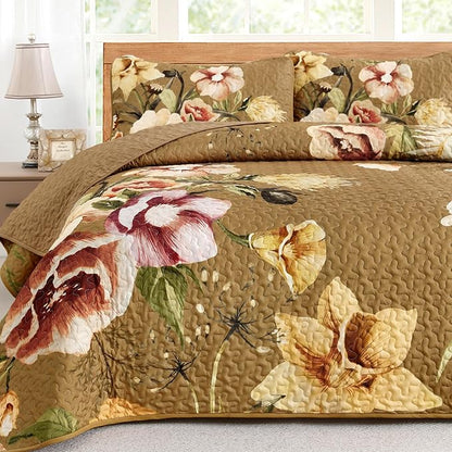 Drucon Brown Floral Quilt Set King Size 3 Pieces Brown Botanical Flower Quilt Coverlet Set Soft Microfiber Lightweight Quilted Bedspread for All Season 104"x90"