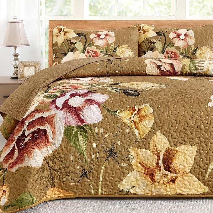 Drucon Brown Floral Quilt Set Queen Size 3 Pieces Brown Botanical Flower Quilt Coverlet Set Soft Microfiber Lightweight Quilted Bedspread for All Season 90"x96"