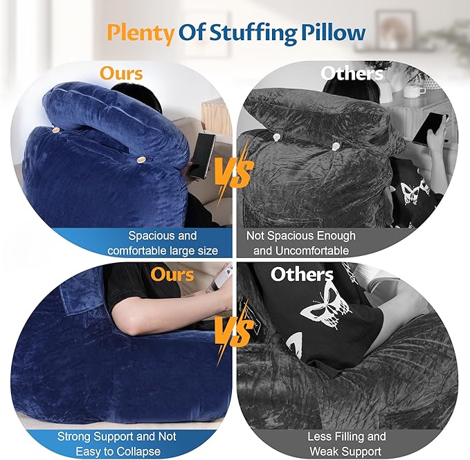 Rengue 31" Large Ergonomic Bed Rest Pillow, Reading Pillow with Arms Detachable Neck Roll Reading Pillow with Pockets for Sitting in Bed Couch (Blue)