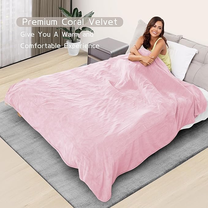 Electric Heated Blanket 84"x90" Queen Size, Soft Coral Fleece, Dual Controllers with 4 Heating Levels and 10 Hours Auto-Off, Machine Washable, Cozy Plush Fabric for Home, Pink