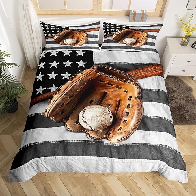 Castle Fairy Sports Theme Duvet Cover Queen,Old Baseball Glove Bat Comforter Cover for Boys Men,Vintage Stars Flag Ultra Soft Bedding Set,Grey White Stripes Bedroom Decor Bedspread,No Comforter
