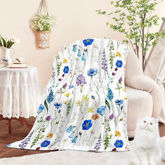 Floral Throw Blanket Birthday for Mom Women Blue Watercolor Flowers Blanket Soft Fuzzy Flannel Bed Blanket Plush Floral Throw for Couch Sofa Bed Chair 60"x80"