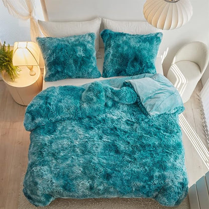 Wajade Faux Fur Plush Tie Dye Teal Comforter Set Fluffy Fuzzy Shaggy Bedding Set - 3PC Full Size Microfiber Soft Warm Quilt Set
