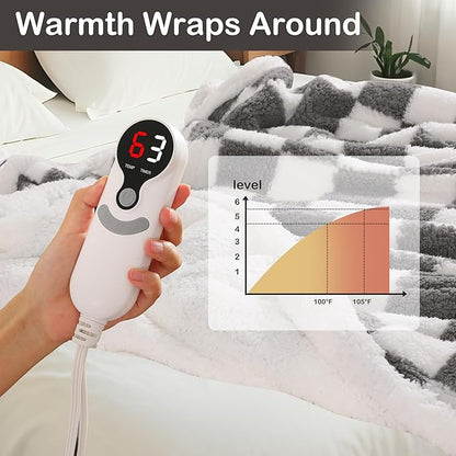 Electric Heated Blanket Full Size 72"×84" with 6 Heating Levels & 1-10Hs Auto Off, Checkered Plaid Heating Blanket Double Sided Sherpa, Fast Heating, Machine Washable for Christmas Gift Light Gray