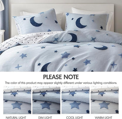 Intelligent Design Kids Cosmos Full Size Duvet Set – Blue Star and Moon Tufted Chenille, Reversible 3-Piece Bedding with Star Pillow, Full/Queen