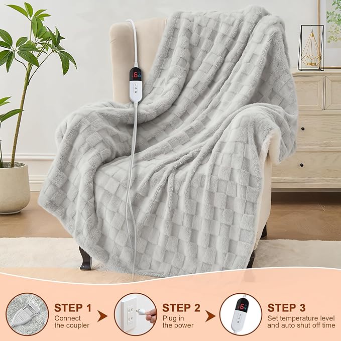Electric Heated Blanket Full Size - Jacquard Checkered Sherpa 72"x84" Fast Heating Bed Blankets with 6 Heating Levels & 10 Hours Auto Off, Over-Heat Protection ETL, Light Gray
