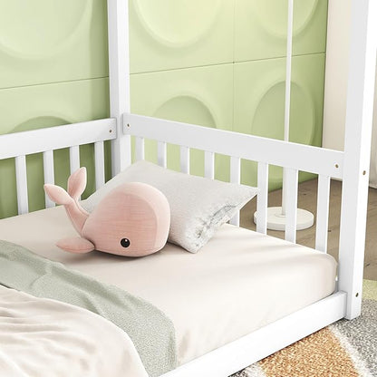 MERITLINE Full Canopy Bed Frame with Fence,Solid Wood Montessori Floor Bed with Guardrail, Easy to Assemble (White)