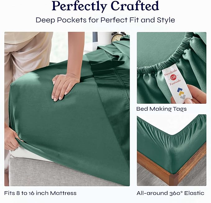California Design Den Natural 100% Cotton Sheets, Soft Queen Sheet Set, 400 Thread Count Sateen, Deep Pockets with All-Around Elastic for a Snug Fit, Durable Bedding Set - Hunter Green