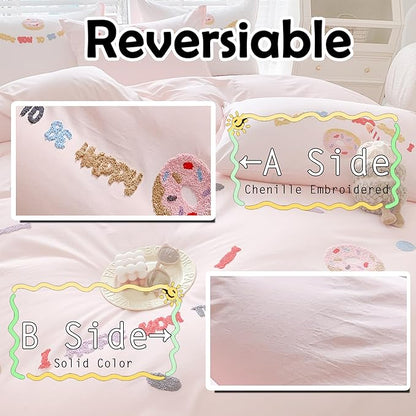 MorroMorn Cotton Duvet Cover Queen Size, 3D Embroidery Queen Bedding Sets, Cute Chenille Embroidered Comforter Covers Soft Breathable Sweat-Absorbent for Girls Kids Teen (Donut Pink, Full/Queen)