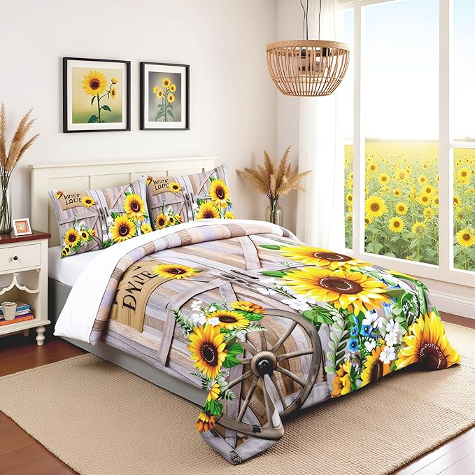 Sunflower Bedding Set Queen Size Rustic Farmhouse Comforter Set Spring Flowers Quilt Set 3pcs for Kids Girls Women Boys Room Decor Home Themed Barn Door Duvet Insert with 2 Pillowcases