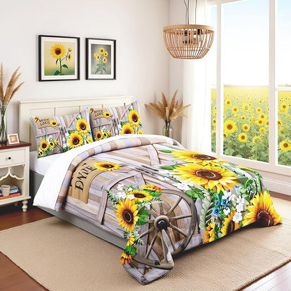 Sunflower Bedding Set Queen Size Rustic Farmhouse Comforter Set Spring Flowers Quilt Set 3pcs for Kids Girls Women Boys Room Decor Home Themed Barn Door Duvet Insert with 2 Pillowcases
