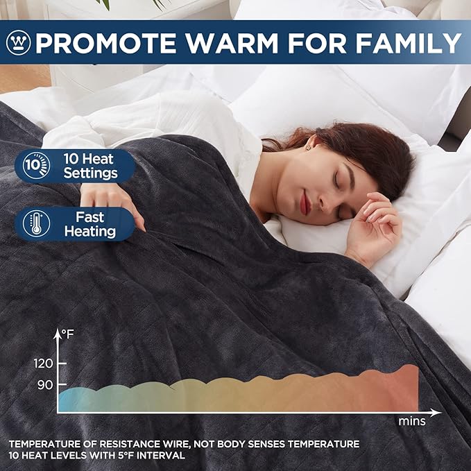 Westinghouse Electric Blanket Full Size, Super Cozy Soft Flannel 80"" x 84"" Heated Blanket with 10 Fast Heating Levels & 1-12 Auto-Off, Machine Washable, ETL&FCC Certification, Charcoal