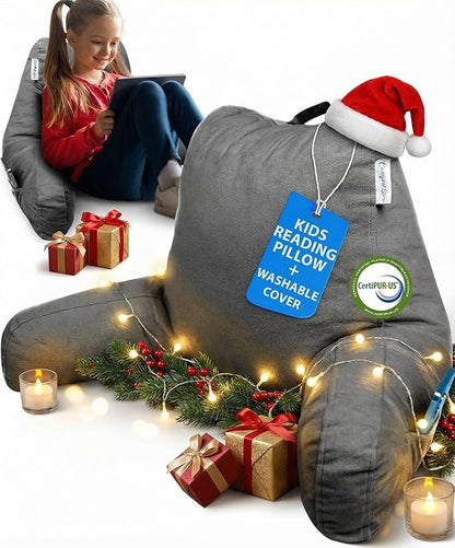 ComfortSpa Reading Pillow for Kids Teens Adult, Back Rest Pillow with Arms, Pockets, Washable Cover; Use as a Back Pillow for Bed Sitting Up for Bedrest or Relief from GERD Heartburn (Standard Grey)