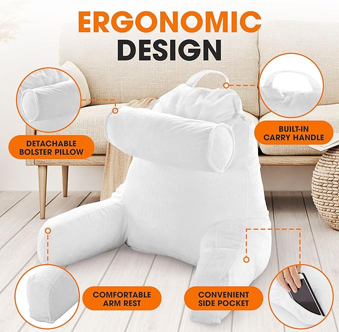 Cheer Collection Reading Pillow Chair - Chair Pillow with Arms and Detachable Neck Bolster for Bed & Couch - Machine Washable, White
