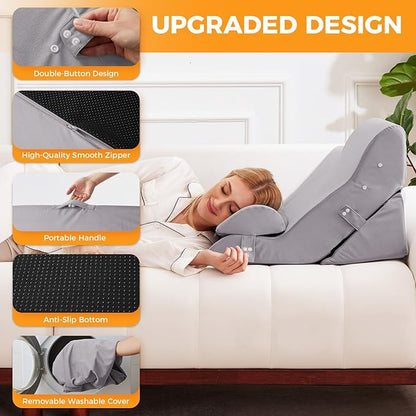 3PCS Wedge Pillow Set for After Surgery, 10-in-1 Adjustable Wedge Pillow for Acid Reflux Relief, Bed Wedge Pillows for Sleeping, Snoring & Back Pain Relief, Sit up Pillow for Bed, Plush Grey