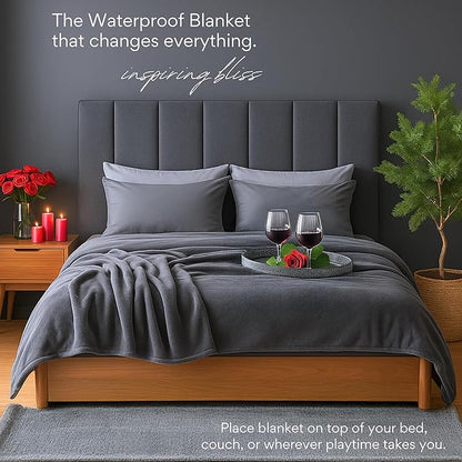 Waterproof Blanket King Size, Gray, 82x82"- Water Proof and Stain Resistant Blankets for Couples Bed Intimacy, Fleece Moisture Absorbent, Layered Sheet Protector, Leakproof Protective Top Cover Throws