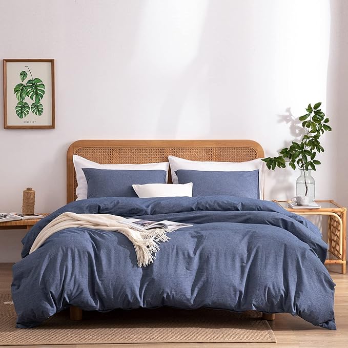 Blue Duvet Cover King, 100% Washed Cotton Linen Like Textured Solid Color Casual Modern Style Blue Bedding Set, with Zipper Closure, Luxury Soft Relaxed Feel Natural Wrinkled Comfy (3pcs, King)