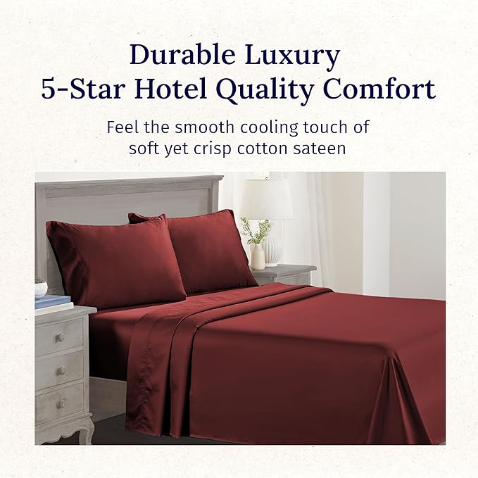 California Design Den Queen Sheet Set - Luxury 600 Thread Count 100% Cotton Bed Sheets Queen Size, Sateen Weave, Cooling Queen Bed Sheets Set, Hotel-Quality Bedding - Brick Red