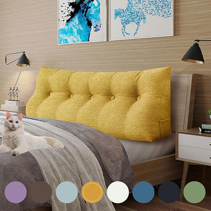 11 lbs Thickened Headboard Pillow Wedge Pillow Headboard Reading Pillow Bed for Comfortable Backrest Reading Triangular Pillow with Side Pocket for Sitting in Bed Cotton Linen Yellow Queen