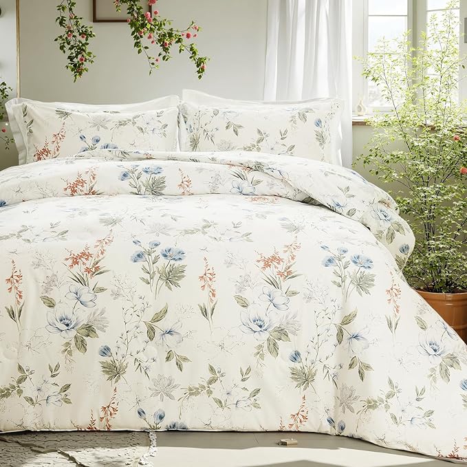 Floral Duvet Cover King Size 100% Cotton Reversible Duvet Cover Set with Zipper Closure 3 Pieces Soft & Breathable Green Garden Floral Comforter Cover Sets