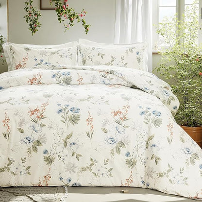 Floral Duvet Cover King Size 100% Cotton Reversible Duvet Cover Set with Zipper Closure 3 Pieces Soft & Breathable Green Garden Floral Comforter Cover Sets