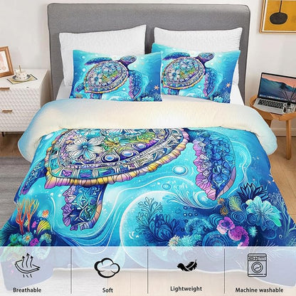 Blue Turtle Quilts Bedding Full 3Pcs Watercolor Flower Tortoise Bed Set Ocean Animal Coral Seaweed Starfish Pattern Bedspread Coverlet with 2 Pillowcases for Kid Boy Girl Teen Adult Room Decor
