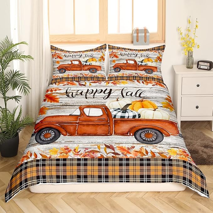 Castle Fairy Happy Fall Pumpkin Bedding Set Twin,Autumn Maple Leaves Truck Print Duvet Cover with 1 Pillow Sham Comforter Cover for Kids Boys,Plaid and Wooden Board Quilt Cover Set Decorative 2 Pcs