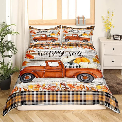 Happy Fall Pumpkin Comforter Cover,Autumn Maple Leaves Truck Print Duvet Cover for Girls Teens Bedroom Gift,Plaid and Wooden Board Comforter Cover Decorative with 2 Pillowcases, Full Size