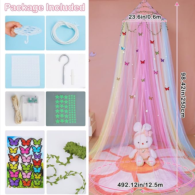FIOBEE Bed Canopy for Girls Room Bed Canopy Curtains with Led Lights Mosquito Net DIY Princess Room Décor with Stars Butterflies for Kids Bedroom, Multi-Color