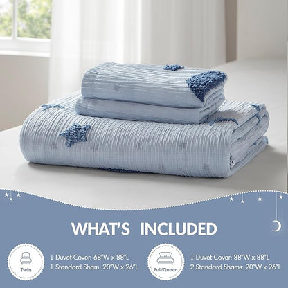 Intelligent Design Kids Cosmos Twin Size Duvet Set – Blue Star and Moon Tufted Chenille, Reversible 2-Piece Bedding with Star Pillow