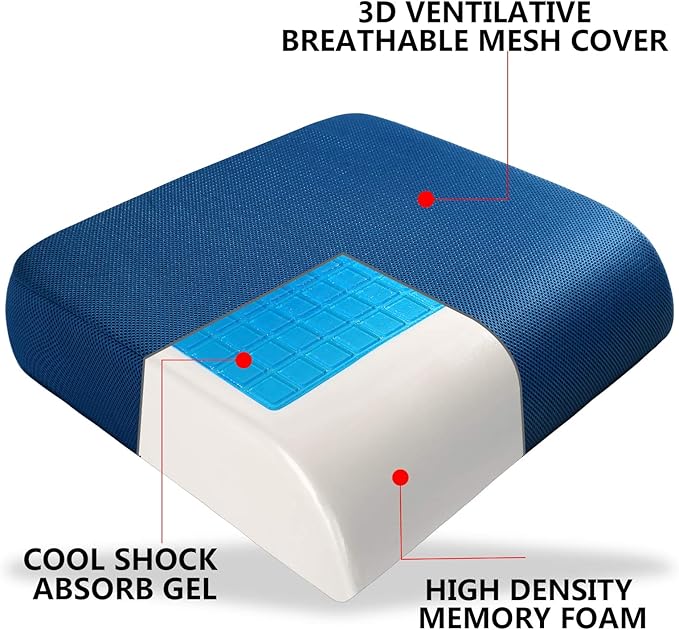 YOUFI Extra Thick Large Seat Cushion -19 X 17.5 X 4 Inch Gel Memory Foam Cushion with Carry Handle Non Slip Bottom - Pain Relief Coccyx Cushion for Wheelchair Office Chair (Blue (1PACK))