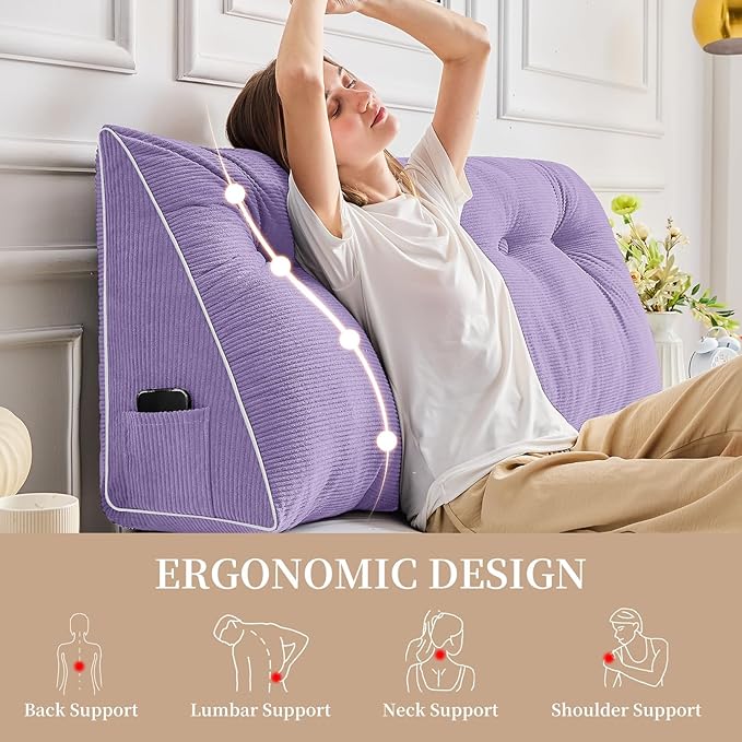 Sasttie Headboard Pillow Twin/Twin XL, Wedge Pillow Headboard for Dorm, Triangular Daybed Backrest Cushion for Sitting or Reading in Bed, with Removable Washable Cover, Purple