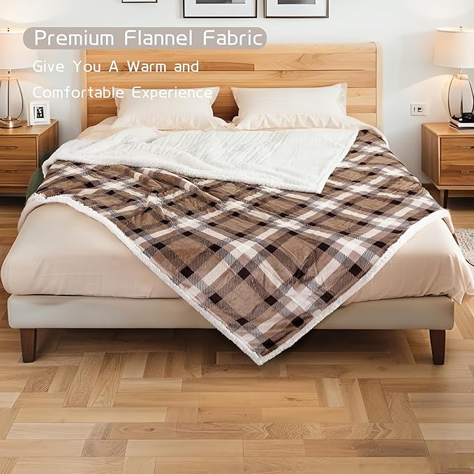 Electric Heated Blanket 72"x84" Full Size, Soft Flannel and Sherpa Double-Sided Material with 4 Heating Levels and 10 Hours Auto-Off, Machine Washable, Cozy Plush Fabric for Home, Brown Plaid