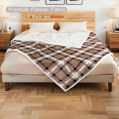 Electric Heated Blanket 72"x84" Full Size, Soft Flannel and Sherpa Double-Sided Material with 4 Heating Levels and 10 Hours Auto-Off, Machine Washable, Cozy Plush Fabric for Home, Brown Plaid