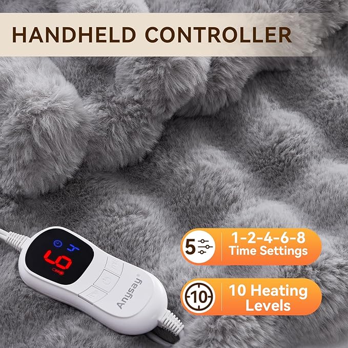 Heated Blanket Throw with 1/2/4/6/8 Hours Auto-Off 10 Heat Level, 50'' * 60'' Cozy Faux Rabbit Fur Bubble Electric Blanket with Overheat Protection(Light Grey)