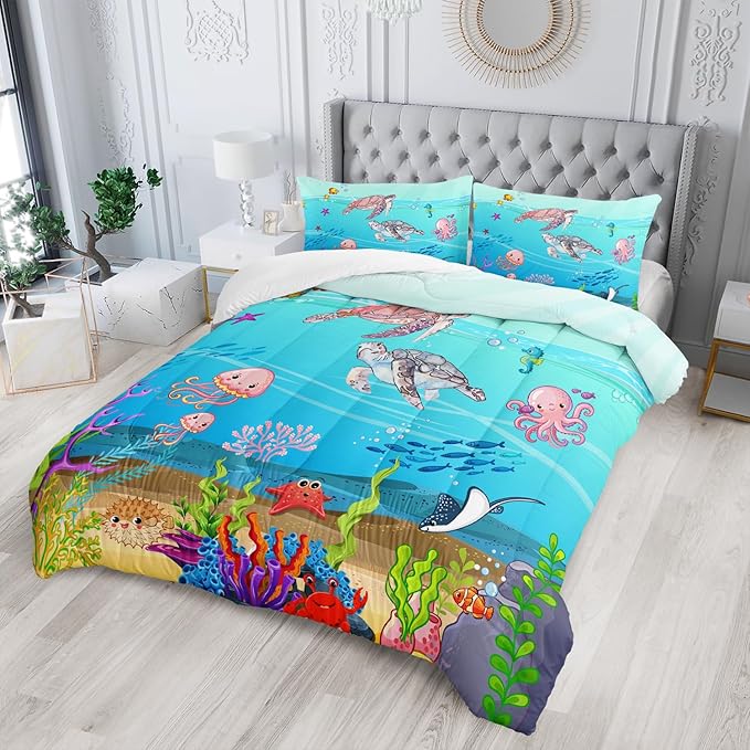 Turtle Comforter Set Twin Ocean Watercolor Sea Turtle Bedding Set Tropical Fish Marine Life Bed Set with 2 Pillowcases for Kids Room Decor