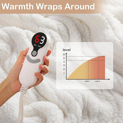 Electric Heated Blanket Queen Size 84"×90" Dual Control, 6 Heating Settings & 1-10H Auto Off, Heating Double Sided Plush Sherpa, Fast Heating, Machine Washable White