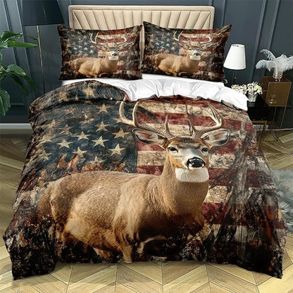 Deer Full Duvet Cover Sets,Deer and American Flag Bedding Sets for Hunter Bedroom Decor, 1 Duvet Cover 2 Pillowcases Comforter Cover for Adult Teen boy,Full