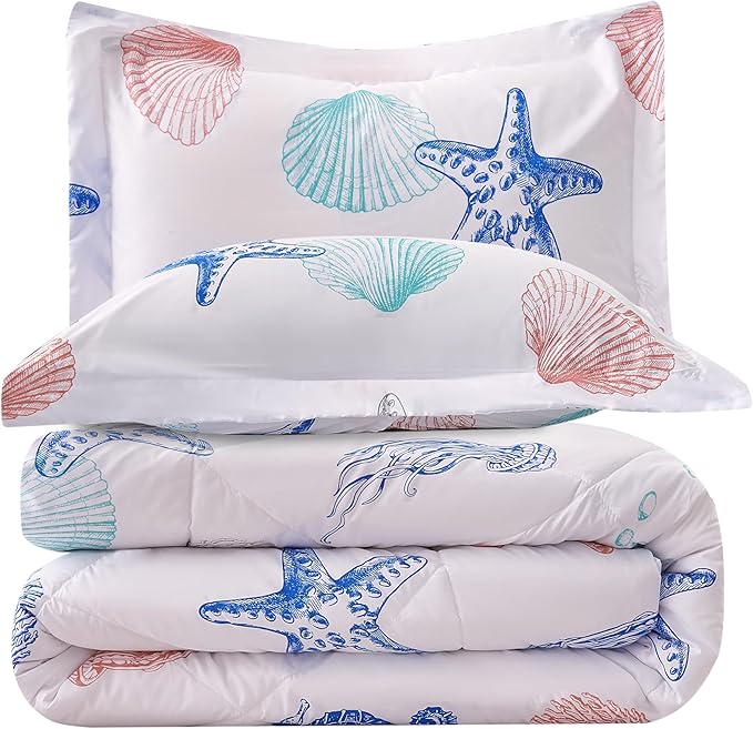 JSD Beach Theme Kids Comforter Set Queen Size, Jellyfish Starfish Summer Printed Comforter with Pillow Sham, Machine Washable