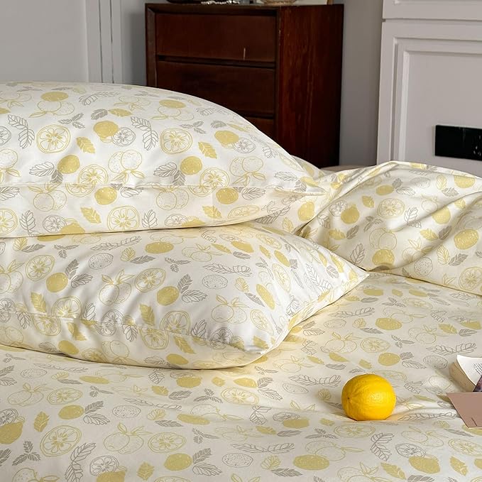 AOJIM Pure Cotton Duvet Cover Set with Cute Pattern Design, Soft Comfy Yellow Lemon Comforter Cover Set 3pcs, 1 Reversible Quilt Cover Full Size and 2 Matching Pillowcases for Room Decor, No Comforter