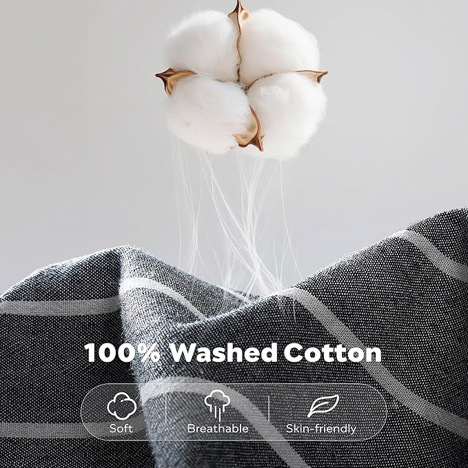 JELLYMONI Cotton Duvet Cover Full Size - Gray Pinstriped Comforter Cover with Button 100% Washed Cotton 3PCS Breathable Soft Solid Bedding Set Duvet Cover 80×90in & 2 Pillowcases (NO Comforter)